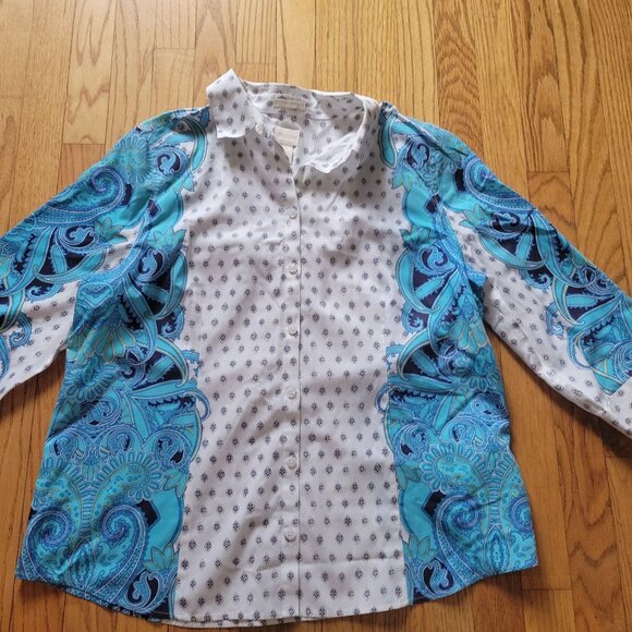 Chicos No-Iron Button-Down Shirt With Blue Paisley & Geometric Print Size 2 Larg - Picture 5 of 6